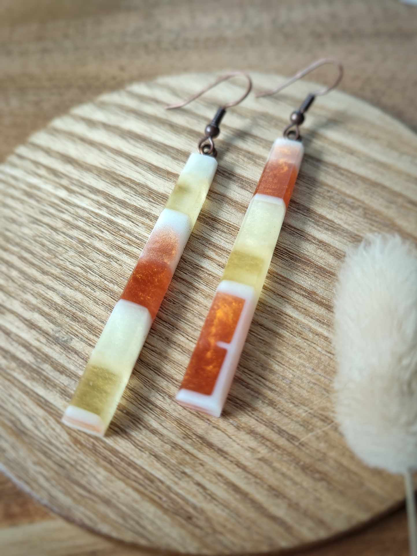 Handcrafted Abstract Apricot and Cream Slender Earring by Rowan Tree Designs