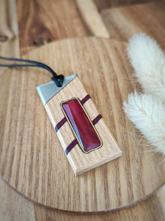 Handcrafted Ash Pendant with Red Agate and Purple Heart by Rowan Tree Designs