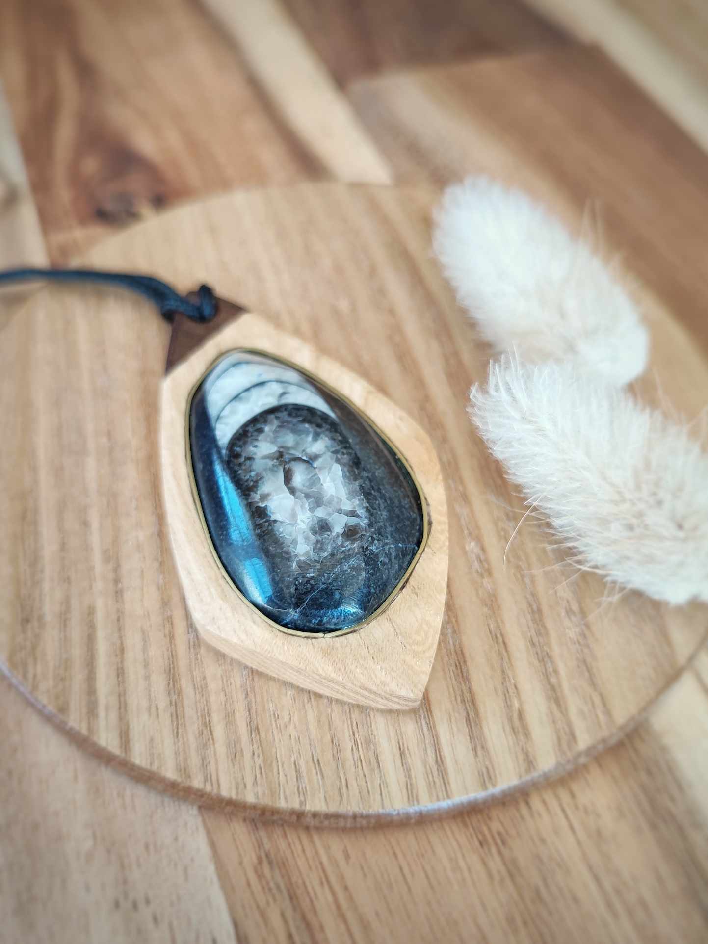 Handcrafted Ash Pendant with Orthoceras Fossil and Walnut, by Rowan Tree Designs