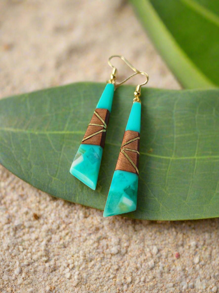 Handcrafted Swamp Kauri and Shades of Teal Earring by Rowan Tree Designs