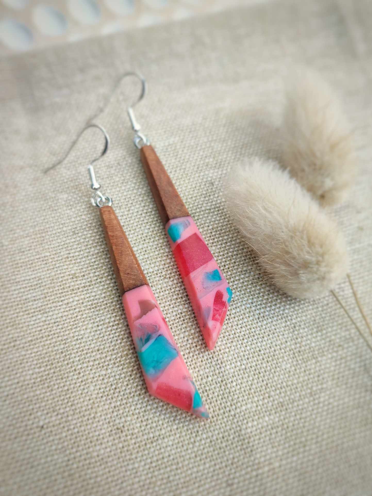 Handcrafted Swamp Kauri and Pink Patchwork Earrings by Rowan Tree Designs to Support the Breast Cancer Foundation NZ