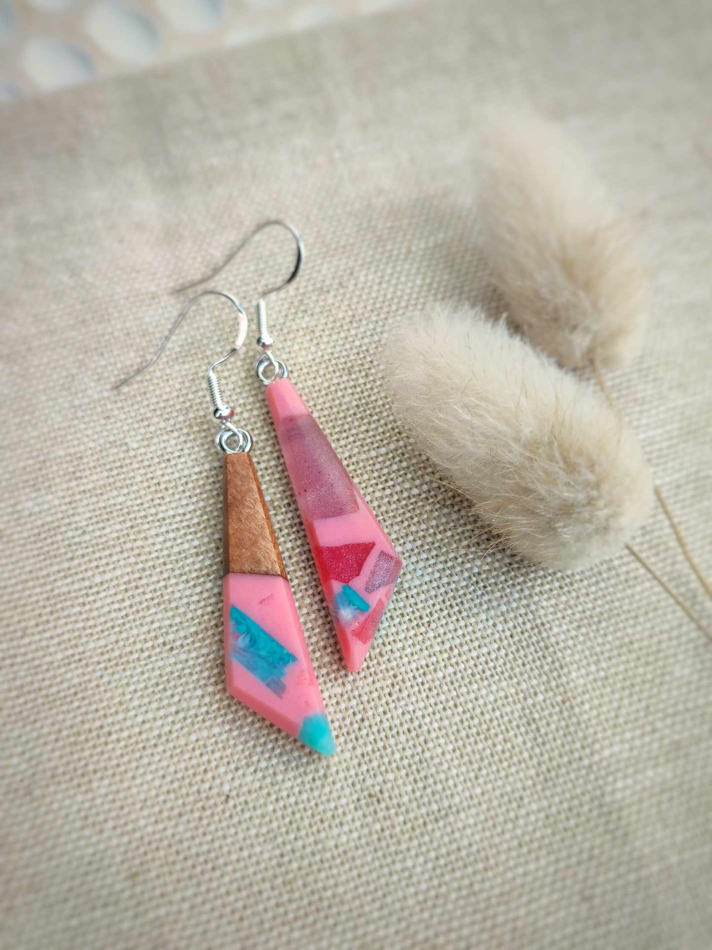 Handcrafted Swamp Kauri and Patchwork Pink Earrings by Rowan Tree Designs to support the Breast Cancer Foundation NZ