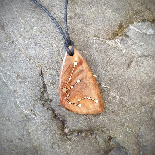 Aquarius Pendant on Swamp Kauri with Metal Inlay in the shape of the constellation.