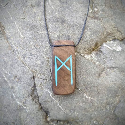 Mannaz Viking Rune on Walnut with blue resin